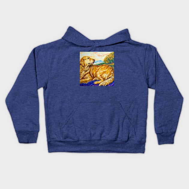 Golden Retriever in the style of Paul Gauguin Kids Hoodie by Star Scrunch